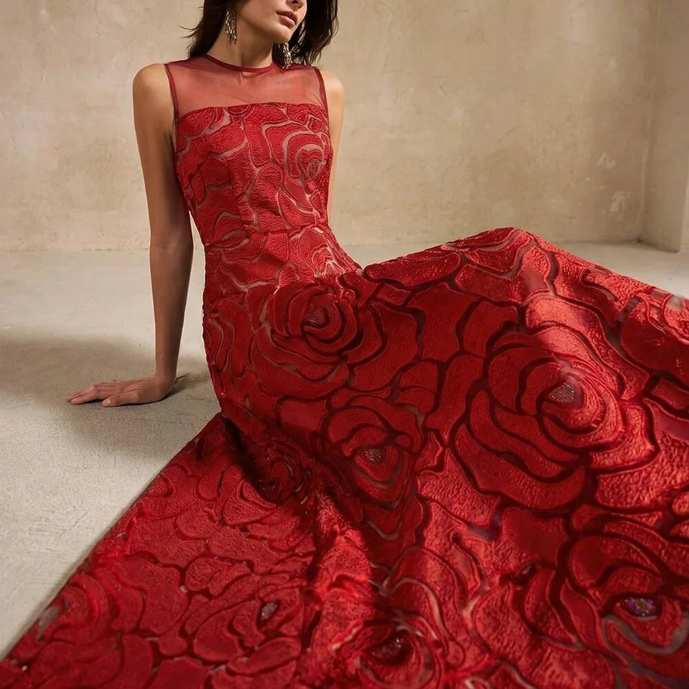 Burgundy Elegant Women's Lace Sleeveless Cut-Flower Embroidered Tulle Dress - Picture 4 of 5